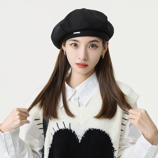 Autumn and winter woolen metal beret hat for women, octagonal hat, large head circumference, small face, fashionable literary painter hat, flat top, black, original high quality, one size fits all