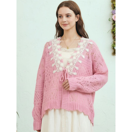Two or three things are nostalgic for inertia 2026 spring new sweet lace stitching hollow mohair strap knitted cardigan for women light pink S