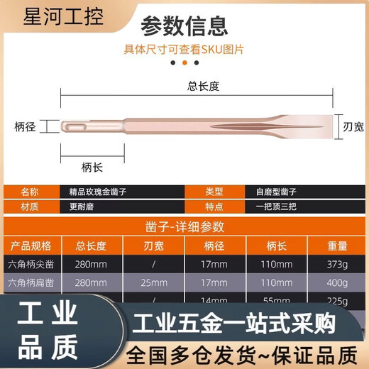 Electric hammer drill chisel impact drill imported from Germany and Japan concrete square handle round handle pickaxe cement wall slotting square handle rose gold 14x250 pointed chisel