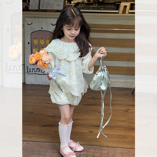 SEVEN BOBI No. 7 Children's Warehouse Girls' Korean Style Western Style Lapel Embroidered Jacquard Shirt Summer New Style Lace Trim Shorts Trendy Off-White Shirt Ready in Stock 120 cm