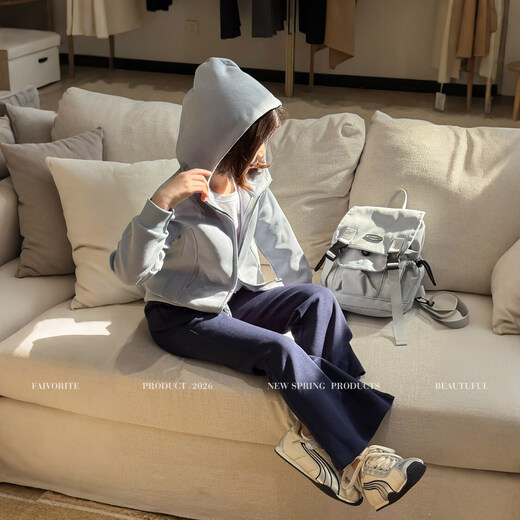 SEVEN BOBI Parent-Child No. 7 Children's Warehouse Girls' Korean Style Casual Hooded Jacket 2026 Spring New Long Sleeve Zipper Trend Light Gray Gray Ready Stock 110 cm