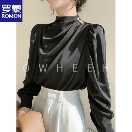 ROMON shirt women's high-end temperament retro French shirt satin acetate professional light luxury fashion stand-up collar top high-end burgundy S