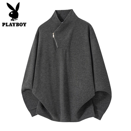 Playboy (PLAYBOY) American diagonal zipper sweatshirt men's spring and autumn velvet design long-sleeved T-shirt heavyweight thickened warm inner top dark gray M