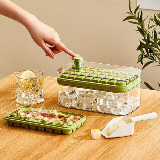 OIMG Molde para cubitos de hielo Bandeja de hielo Caja para cubitos de hielo Artefacto para cubitos de hielo congelados Molde de congelación de grado alimenticio Refrigerador Caja removedora de hielo automática Caja de color Juego de prensa verde de fruta extra grande 32 rejillas Pala para hielo gratis