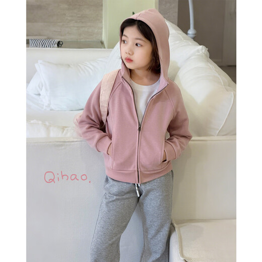 SEVEN BOBI Parent-Child No. 7 Children's Warehouse Girls' Korean Style Casual Hooded Jacket 2026 Spring New Long Sleeve Zipper Trend Light Gray Gray Ready Stock 110 cm