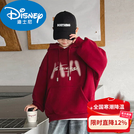 Disney Boys Red Sweatshirt Autumn and Winter New Zodiac New Year Children's Thickened Winter Year of the Horse Plus Velvet New Year's Clothes New Year Cotton Clothes Style Red Plus Velvet Thickened 170 cm