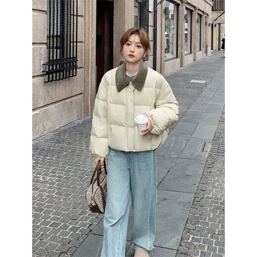 TonLion 2025 Winter Women's Contrast Color Corduroy Collar Ultra Short Down Jacket Soft American Bread Jacket