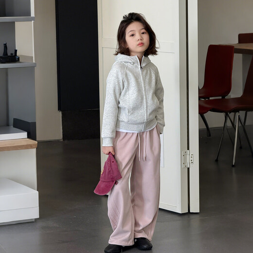 SEVEN BOBI Parent-Child No. 7 Children's Warehouse Girls' Korean Style Casual Hooded Jacket 2026 Spring New Long Sleeve Zipper Trend Light Gray Gray Ready Stock 110 cm