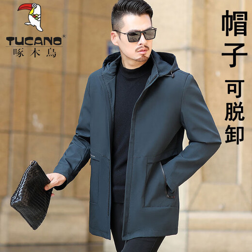 Woodpecker (TUCANO) middle-aged men's mid-length hooded windbreaker, middle-aged and elderly dad's spring and autumn coat, mature and stable casual jacket for men, black <long version> hooded M 170