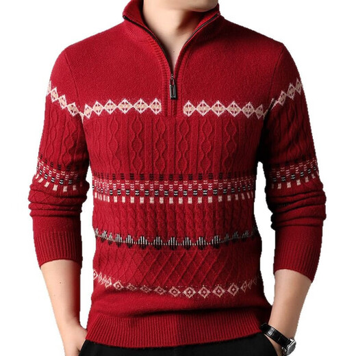 Year of the Horse, zodiac year, red 480g thickened pure wool sweater, men's zipper turtleneck sweater, New Year sweater, big red 2XL 185/120
