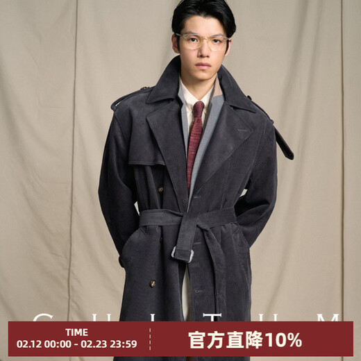 CULTUM Pure Cotton Corduroy CULTUM Autumn and Winter Retro IVY Trench Rider Windbreaker Men's Medium Long Warm Jacket Shadow Gray Regular XL
