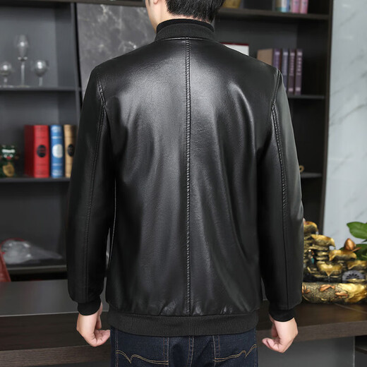 Baseball collar leather jacket men's autumn and winter stand-up collar jacket Korean style slim casual middle-aged and elderly youth flight jacket pu motorcycle suit black spring and autumn thin L 52 (100-120Jin Jin equals 0.5 kg)