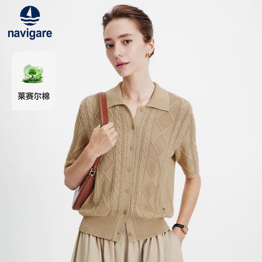 Navigare Italian small sailing cable knitted cardigan 26 new women's casual short-sleeved POLO collar top 2325596502