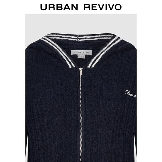 UR2026 Spring New Women's Urban Contrast Color Stripe Embroidery Hooded Knitted Cardigan UYU960044 Navy Blue XS