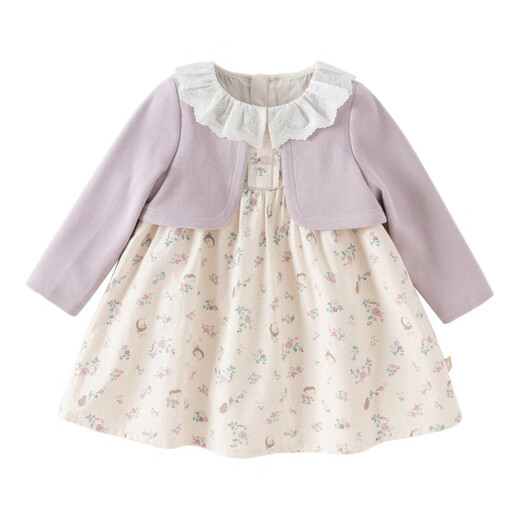 DAVE&BELLA children's dress 2026 spring new style girls long-sleeved fake two-piece floral dress baby princess dress children's dress purple ready stock 110 cm (recommended height 100-110cm)