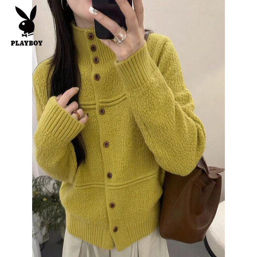 Playboy (PLAYBOY) button turtleneck sweater for women in spring, autumn and winter, new style, can be worn outside and inside, unique and super good-looking, thick knitted cardigan for women, orange S, recommended 70--95Jin Jin is equal to 0.5 kg