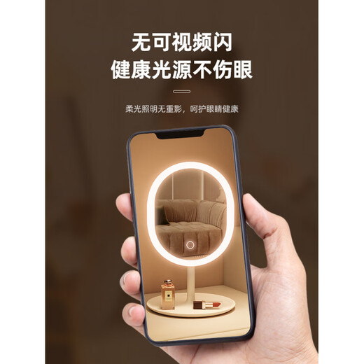 Cosmetic mirror with light, home LED mirror, student dormitory office desktop, desktop vanity mirror, portable ultra-high definition, large screen high-definition LED monochrome lamp bead model - round mirror white