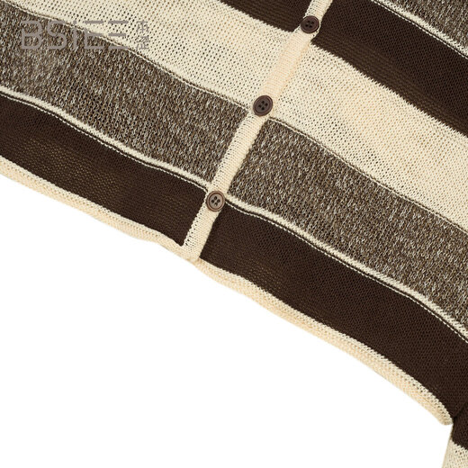 BSIEEBSiEE 2026 spring new long-sleeved neutral style design contrasting wide striped V-neck cardigan sweater pinecone brown nutshell M