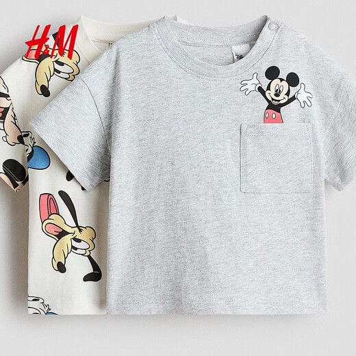 H&M 2026 new spring children's clothing baby boy 2-pack printed T-shirt 1315882 cream/Mickey Mouse 110 110/56 (3-4Y)