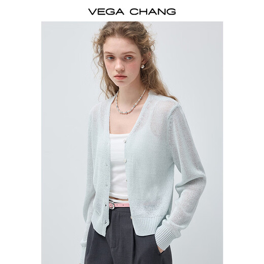 VEGA CHANG sea salt ice crystal wool short sweater for women 2026 new spring three-quarter Korean long-sleeved clear sky blue free suspender one size