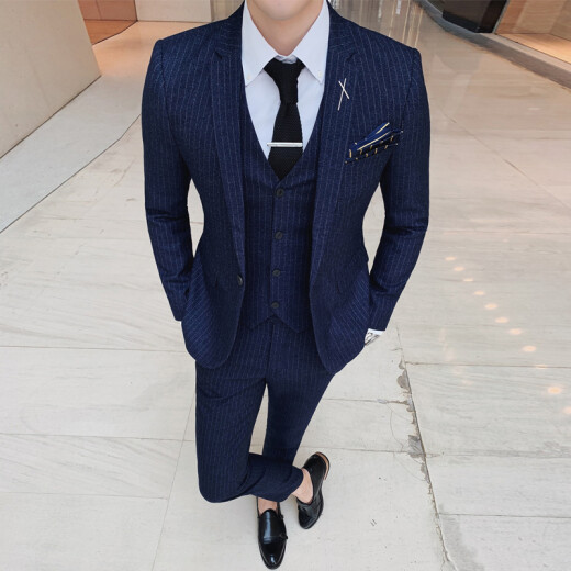 Jindan large size custom suit suit men's striped business casual suit male groom wedding dress Korean version slim professional formal three-piece suit spring and autumn new one-button striped black L suit shirt vest pants