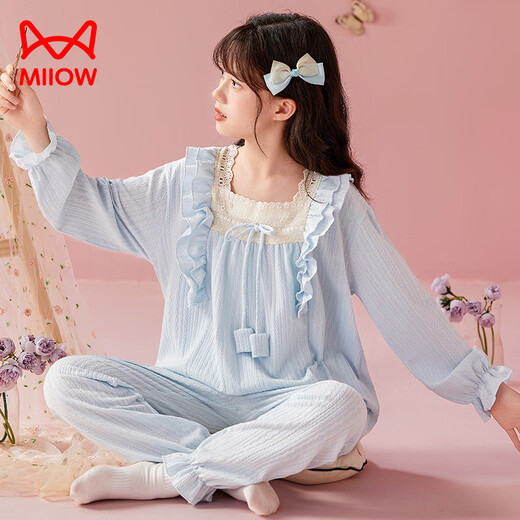 MiiOW children's pajamas girls pure cotton long-sleeved spring, autumn and winter palace-style big children's and girls' home wear suits with chest pads 44300# ice blue 170 size 12 (recommended height 115-125CM. Weight 50Jin Jin is equal to about 0.5 kg