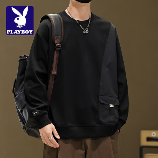 Playboy (PLAYBOY) design stitching sweatshirt for men 2026 new spring and autumn American trendy brand long-sleeved top casual spring bottoming shirt white M