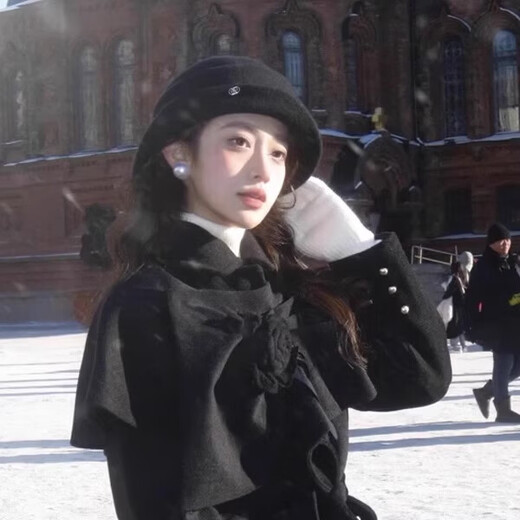 Snow King Black Hepburn Style Wool Thousand Gold Hat Women's Autumn and Winter British Hat High-Quality Warm and Versatile Equestrian Hat Elegant Black High Quality Large Version 56~62