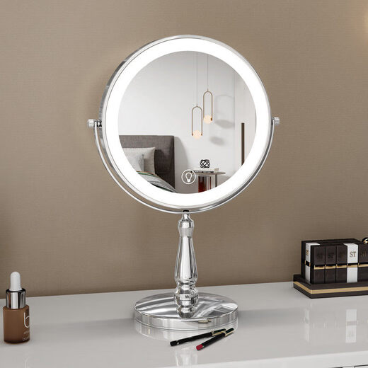 Large LED makeup mirror that can be raised and lowered. Telescopic double-sided illuminated mirror. Desktop magnifying mirror. Desktop beauty mirror can be adjusted in height. 10 inches. Silver. Can be raised and lowered. 5x magnification. Mirror diameter 25cm.