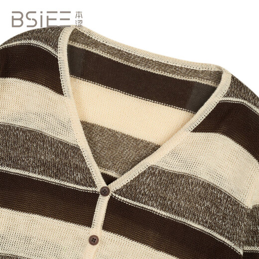 BSIEEBSiEE 2026 spring new long-sleeved neutral style design contrasting wide striped V-neck cardigan sweater pinecone brown nutshell M