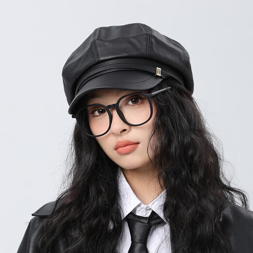 Jimmy leaf leather U octagonal hat for women in autumn and winter new style light luxury beret retro British painter hat black one size M (56-58cm)