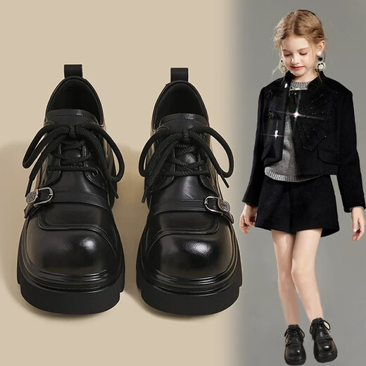 SHULION Girls' Leather Shoes 2026 Spring New Medium and Large Children's Non-Slip Soft Sole Girls Campus Princess Shoes British Style Loafers Black 38 Shoe Inner Length 24.0 cm (One Size Larger)