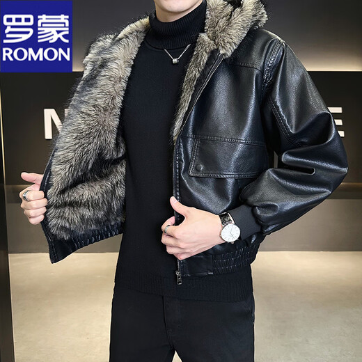 ROMON fur one-piece jacket men's winter trendy hooded new velvet thickened loose mountain carving leather jacket men's black XL