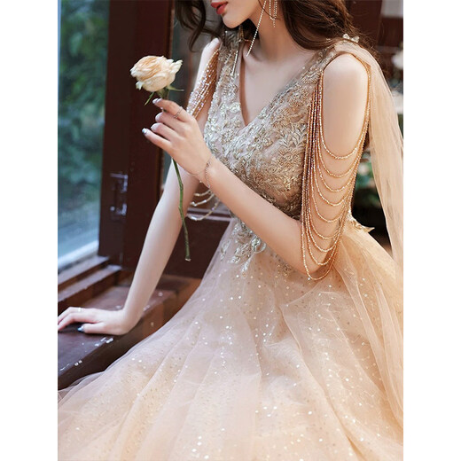 Year of Tea (CHANIAN) Annual Party Evening Dress New Light Luxury Niche High-End 18-Year-Old Adult Ceremony Host Banquet Performance Clothing for Women Champagne XL