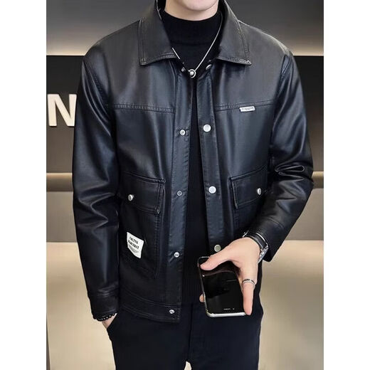 JEEP SPIRIT high-end sheepskin men's genuine leather jacket spring, autumn and winter new Haining motorcycle leather jacket men's jacket men 9878 black style plus velvet M 100-115Jin Jin is equal to 0.5 kg