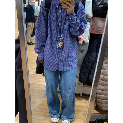 American retro blue plaid long-sleeved shirt for men spring and autumn Korean style loose-feeling embroidered plaid shirt jacket blue-C216 L