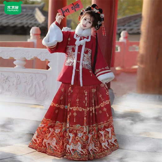 Wooden wooden house original winter style parent-child clear-cut cloud shoulder red festive New Year's Hanfu for women with velvet and thickened heavy embroidery style red single-piece jacket for welcoming wealth 120