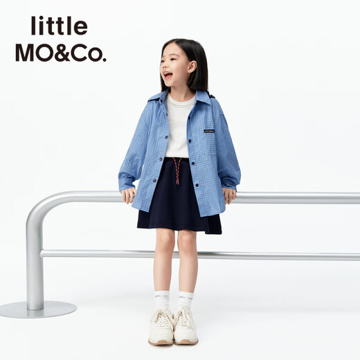 Little MO&Co. pure cotton parent-child clothing little moco children's clothing 26 spring new style boys and girls college style pattern long-sleeved shirt blue and white checkered color 110 110/56