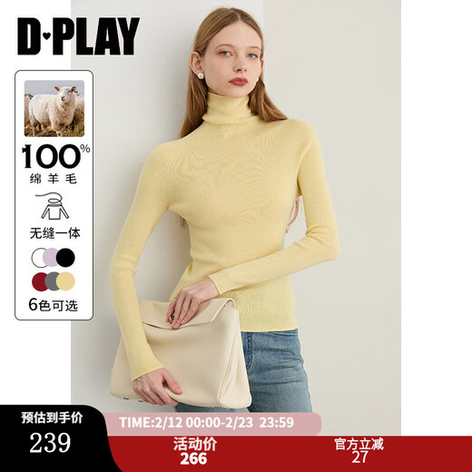 DPLAY 2025 Autumn New Yellow Knitted Sweater Women's Seamless One-piece 100 Wool Top Slim Fit Bottoming Shirt Cream Yellow S