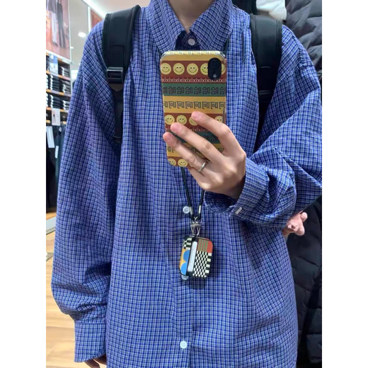 American retro blue plaid long-sleeved shirt for men spring and autumn Korean style loose-feeling embroidered plaid shirt jacket blue-C216 L
