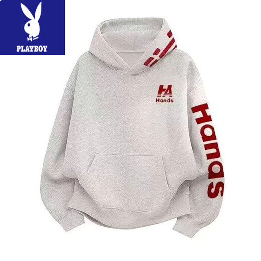 Playboy (PLAYBOY) sweatshirt for men and women, American high street retro hooded embroidery heavyweight autumn and winter new lazy high-end handsome jacket for men, white and gray with red, no velvet, embroidery S recommended 80-95Jin Jin is equal to 0.5 kg