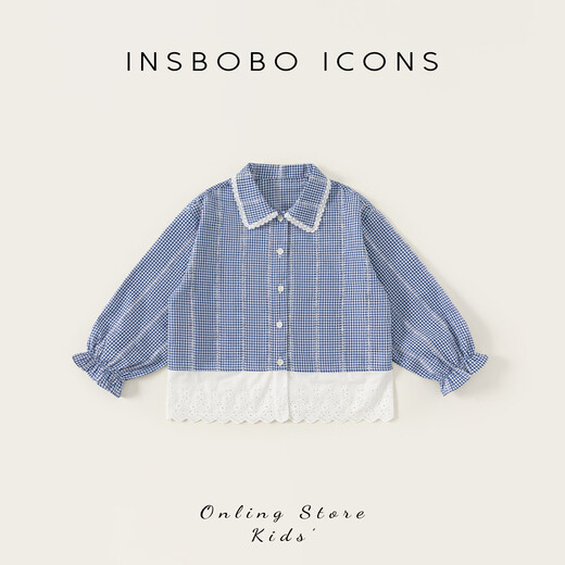 INSBOBO children's clothing girls jacket 2026 spring children's shirt girls sweet plaid shirt lace top blue and white plaid 110