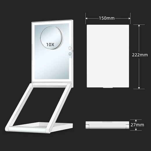 Makeup mirror, portable folding mirror, LED with light, beauty tabletop, travel smart lift to put makeup, with 10x magnetic magnifier, which can be removed