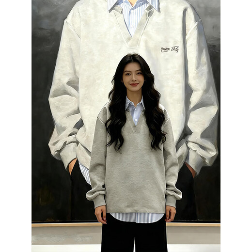 Qumile fake two-piece plaid patchwork sweatshirt for men in spring, loose, trendy, right-shoulder, long-sleeved T-shirt, American-style inner layering top, gray-striped XL