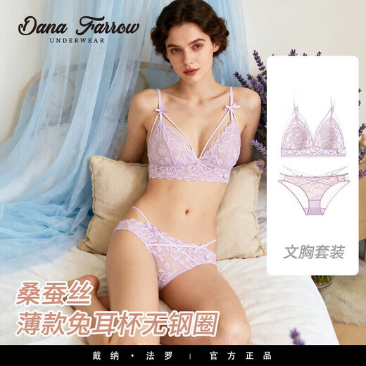 DANA FARROW Brand 2026 New French Underwear Women's Thin Sexy Lace Bra Set Rabbit Ear Cup Wireless Women's Vanilla Apricot Cream Set S Suitable for 70ABC One Size