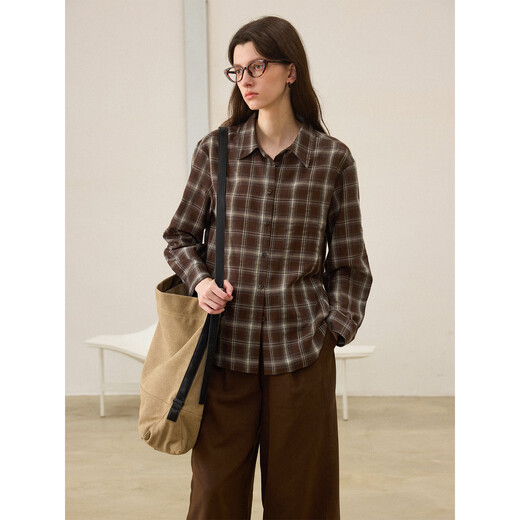 CHALAMON red coffee plaid high-end long-sleeved shirt for women in spring and autumn versatile loose plaid shirt red coffee plaid S