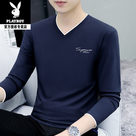 Playboy (PLAYBOY) men's long-sleeved T-shirt 2026 new winter trendy spring and autumn clothing small V-neck casual inner wear pure cotton men's clothing W YPC4033 black L recommended 115-130Jin Jin equals 0.5 kg