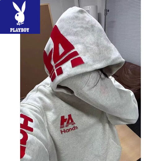 Playboy (PLAYBOY) sweatshirt for men and women, American high street retro hooded embroidery heavyweight autumn and winter new lazy high-end handsome jacket for men, white and gray with red, no velvet, embroidery S recommended 80-95Jin Jin is equal to 0.5 kg