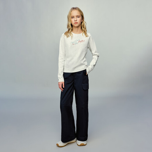 ELLE KIDS children's clothing round neck long-sleeved T-shirt for girls spring new college style classic round neck top