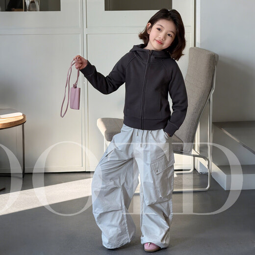 SEVEN BOBI Parent-Child No. 7 Children's Warehouse Girls' Korean Style Casual Hooded Jacket 2026 Spring New Long Sleeve Zipper Trend Light Gray Gray Ready Stock 110 cm